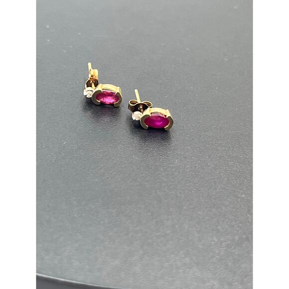 Designer Yellow Gold 14K July Ruby and Diamond Post Back Stud Elegant Earrings - Picture 11 of 11